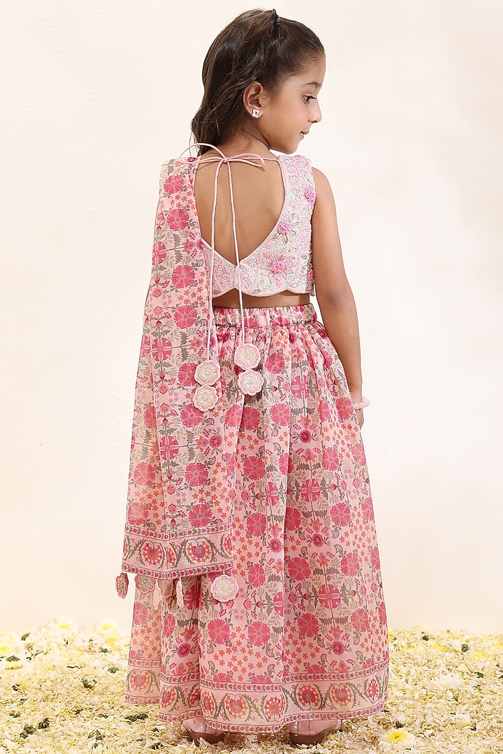 Pink Silk Mal Printed Lehenga Set For Girls by Neha Gursahani Kids at Pernia's Pop Up Shop