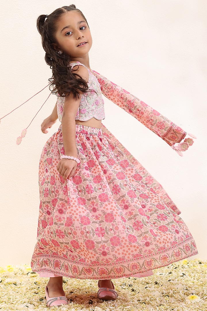 Pink Silk Mal Printed Lehenga Set For Girls by Neha Gursahani Kids at Pernia's Pop Up Shop