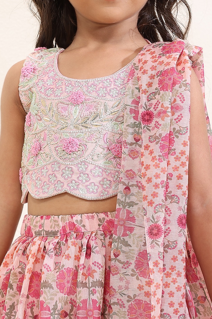 Pink Silk Mal Printed Lehenga Set For Girls by Neha Gursahani Kids at Pernia's Pop Up Shop