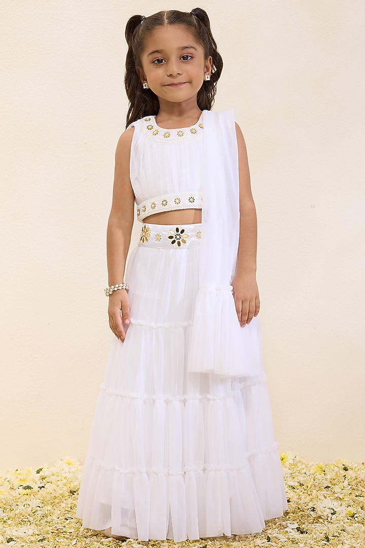 Ivory Soft Tulle Embroidered Lehenga Set For Girls by Neha Gursahani Kids at Pernia's Pop Up Shop
