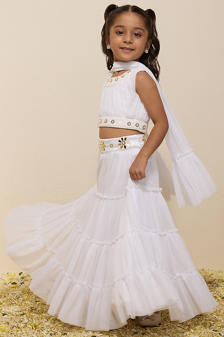 Ivory Soft Tulle Embroidered Lehenga Set For Girls by Neha Gursahani Kids at Pernia's Pop Up Shop