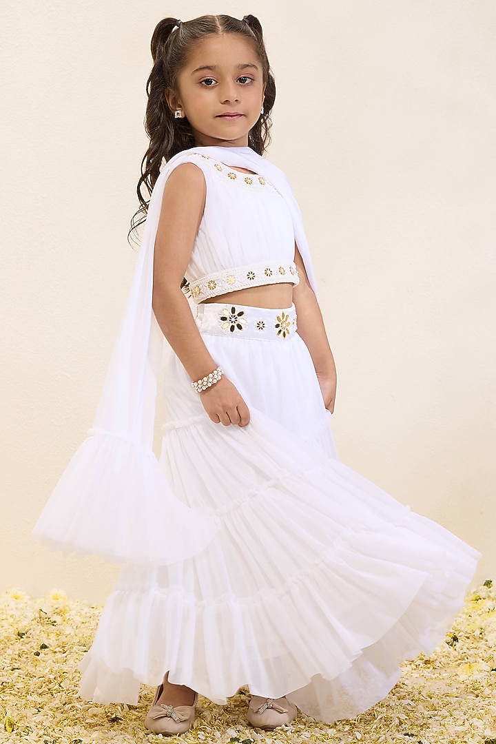 Ivory Soft Tulle Embroidered Lehenga Set For Girls by Neha Gursahani Kids at Pernia's Pop Up Shop