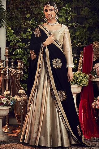 Silver & Midnight Blue Embroidered Lehenga Set by Ranian