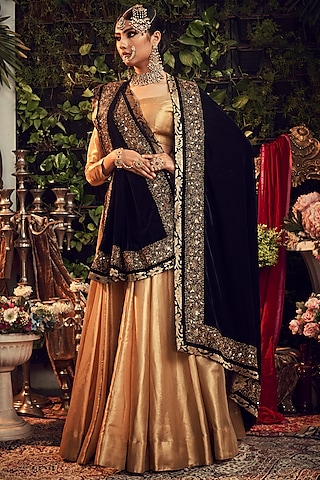 Gold & Midnight Blue Zardosi Embroidered Lehenga Set by Ranian