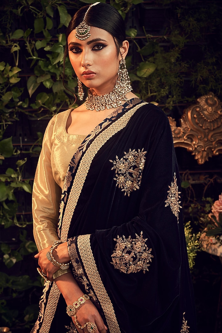 Gold & Midnight Blue Embroidered Wedding Lehenga Set by Ranian at Pernia's Pop Up Shop