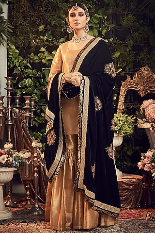 Gold & Midnight Blue Embroidered Gharara Set by Ranian