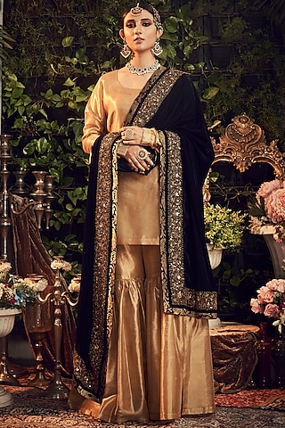 Gold & Midnight Blue Zardosi Embroidered Gharara Set by Ranian