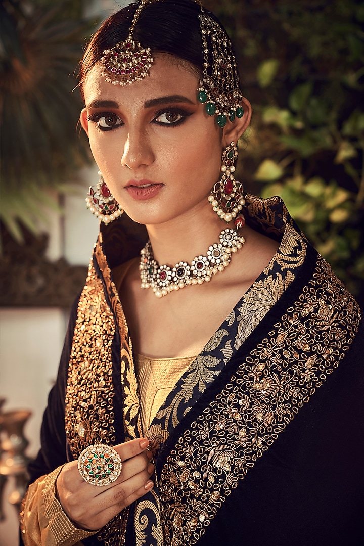 Gold & Midnight Blue Zardosi Embroidered Gharara Set by Ranian at Pernia's Pop Up Shop