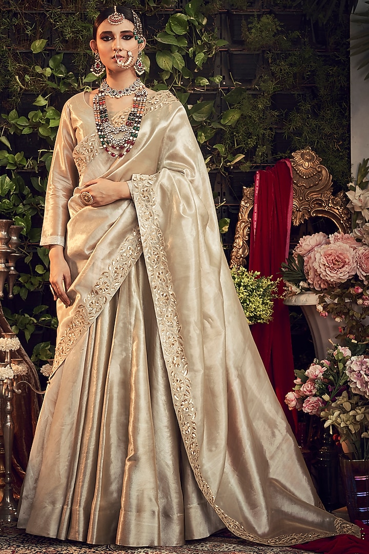 Champagne Silver Embroidered Lehenga Set by Ranian