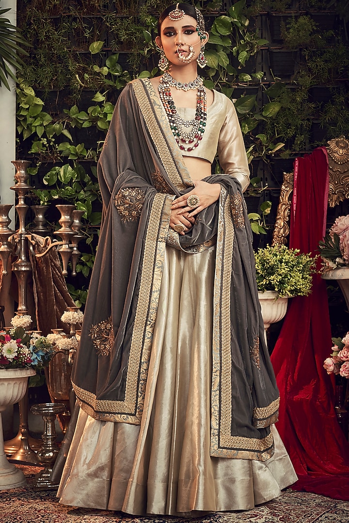 Champagne Silver & Grey Embroidered Lehenga Set by Ranian