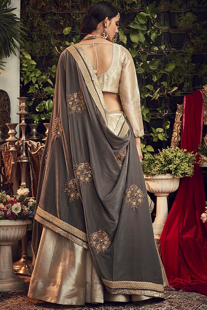 Champagne Silver & Grey Embroidered Wedding Lehenga Set by Ranian at Pernia's Pop Up Shop