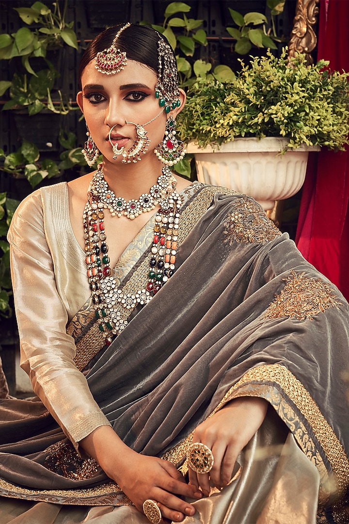 Talking Threads Laila Silver Champagne Embroidered Lehenga with Capes