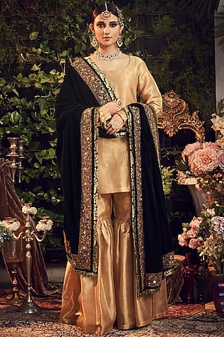 Gold & Emerald Green Zardosi Embroidered Gharara Set by Ranian
