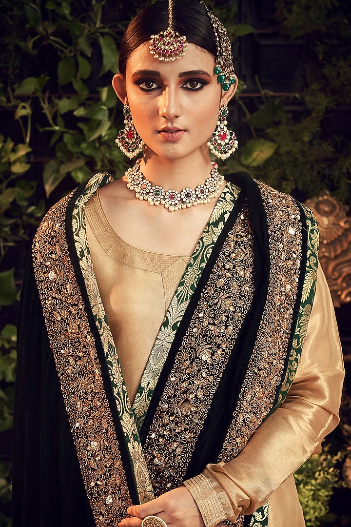 Gold & Emerald Green Zardosi Embroidered Gharara Set by Ranian at Pernia's Pop Up Shop