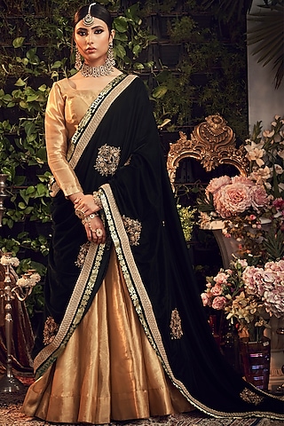 Gold & Emerald Green Zardosi Embroidered Lehenga Set by Ranian