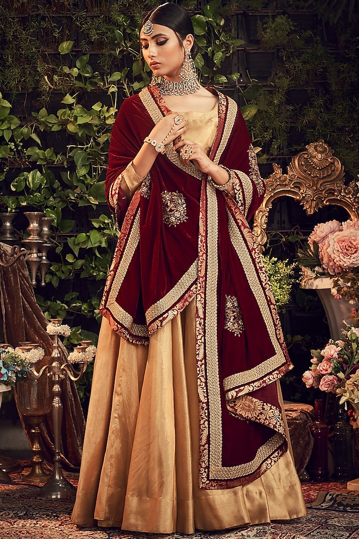 Gold & Maroon Embroidered Lehenga Set by Ranian