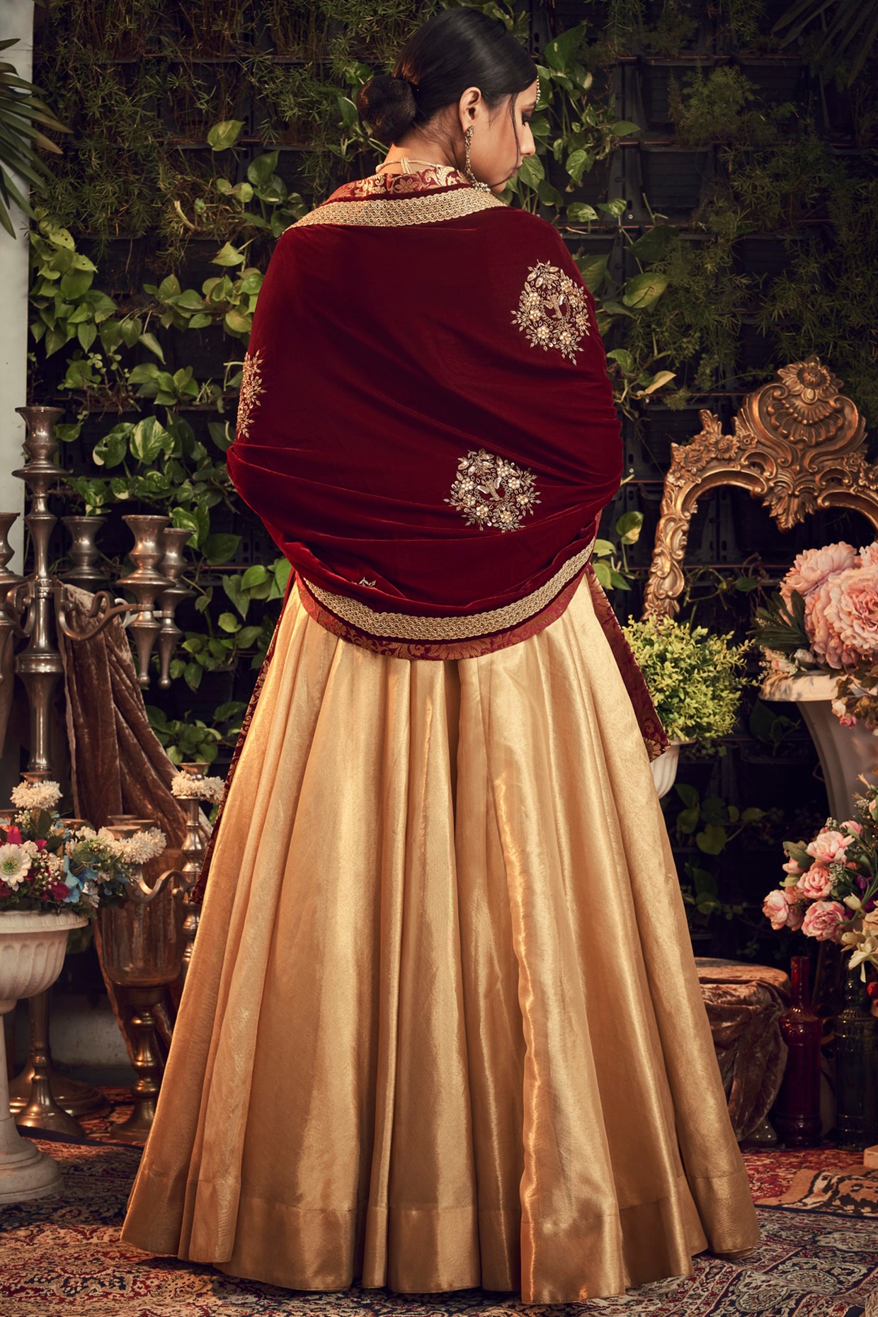 Buy Maroon Floral Print Organza Silk Lehenga Choli With Peach Blouse Online  At Zeel Clothing