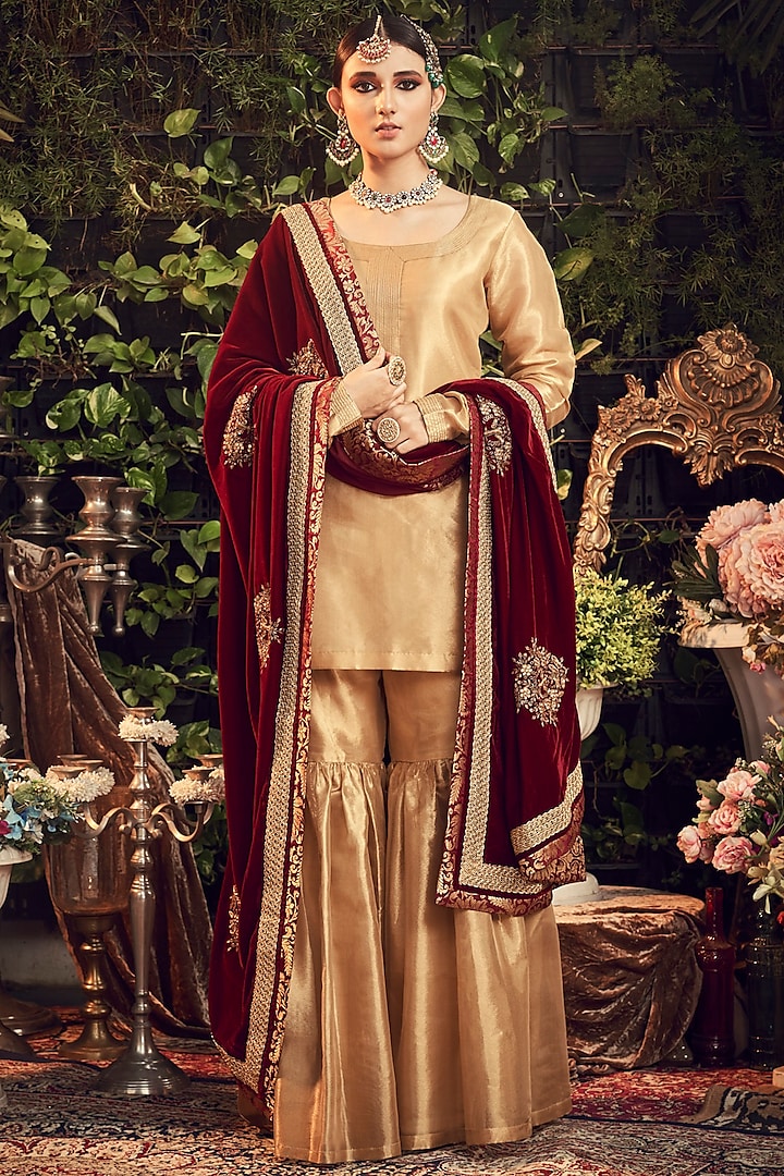 Gold & Maroon Embroidered Gharara Set by Ranian