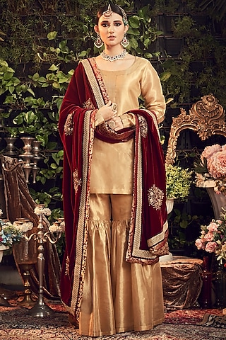 Gold & Maroon Embroidered Gharara Set by Ranian