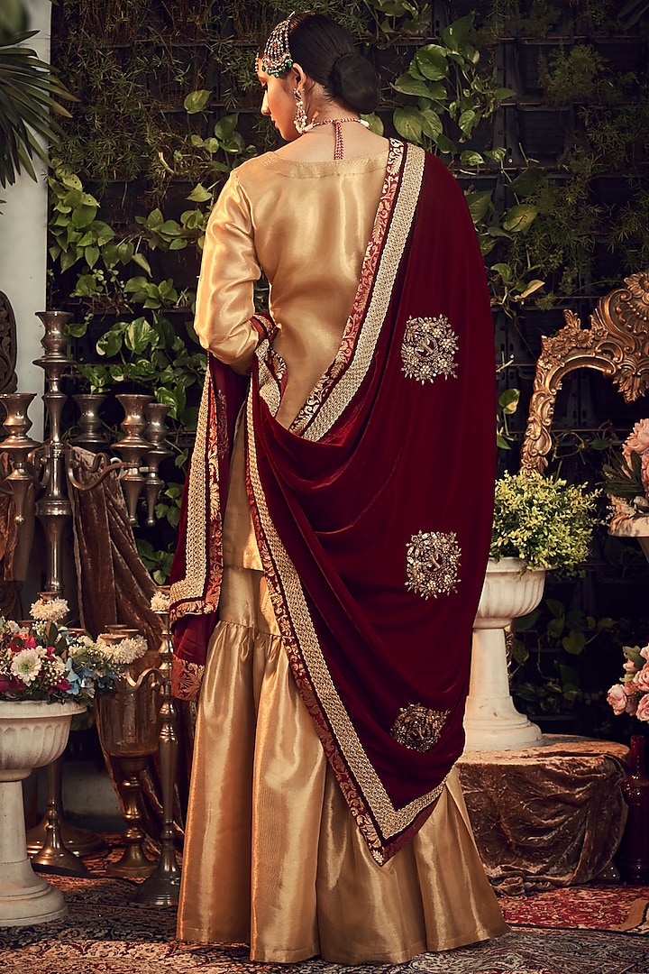 Gold & Maroon Embroidered Gharara Set by Ranian at Pernia's Pop Up Shop
