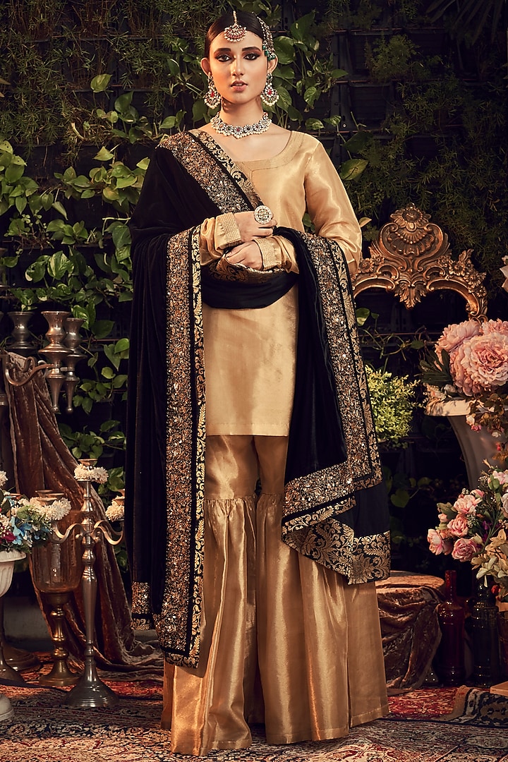 Gold & Black Embroidered Gharara Set by Ranian