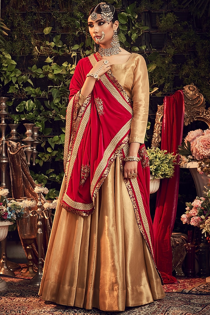Gold & Crimson Red Embroidered Lehenga Set by Ranian