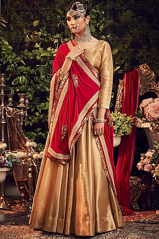 Gold & Crimson Red Embroidered Lehenga Set by Ranian