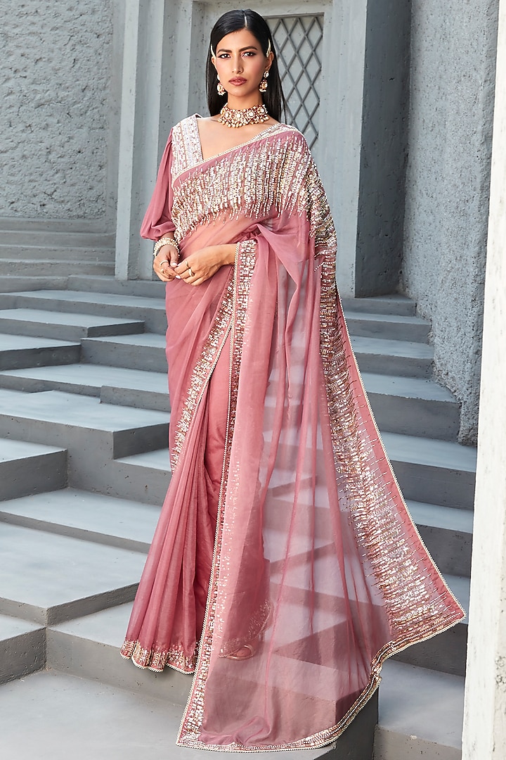 Rose Pink Organza Embroidered Saree Set by Ranian