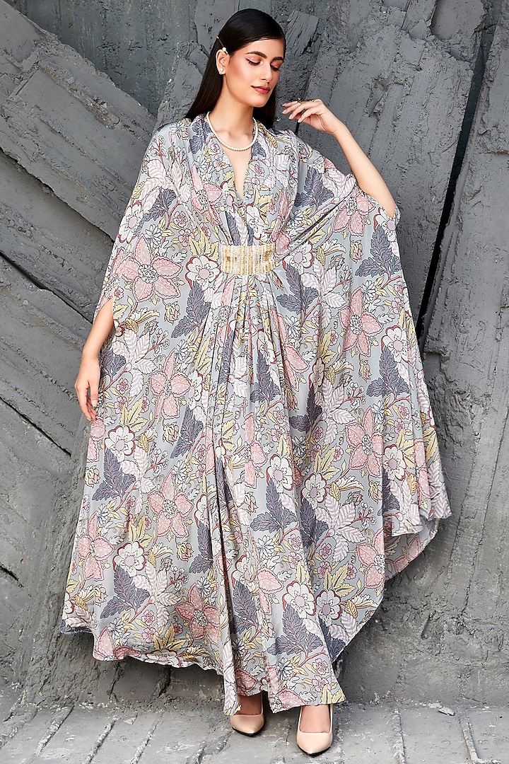 Pearl Grey Georgette Embroidered Kaftan by Ranian at Pernia's Pop Up Shop