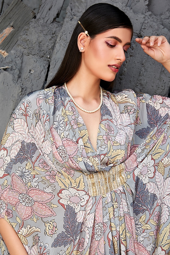 Pearl Grey Georgette Embroidered Kaftan by Ranian at Pernia's Pop Up Shop