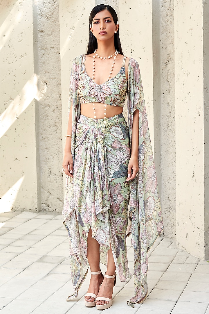 Fern Green Crepe Printed Cape Set by Ranian