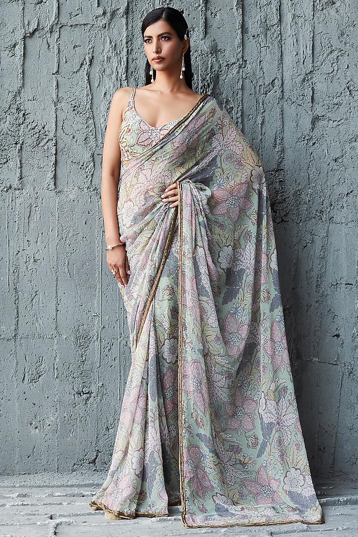 Fern Green Georgette Printed Saree Set by Ranian