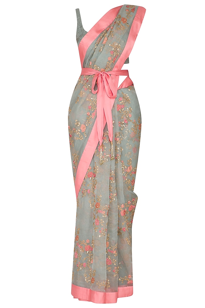 Ash Blue Embroidered Wedding Saree Set With Belt by Ranian at Pernia's Pop Up Shop