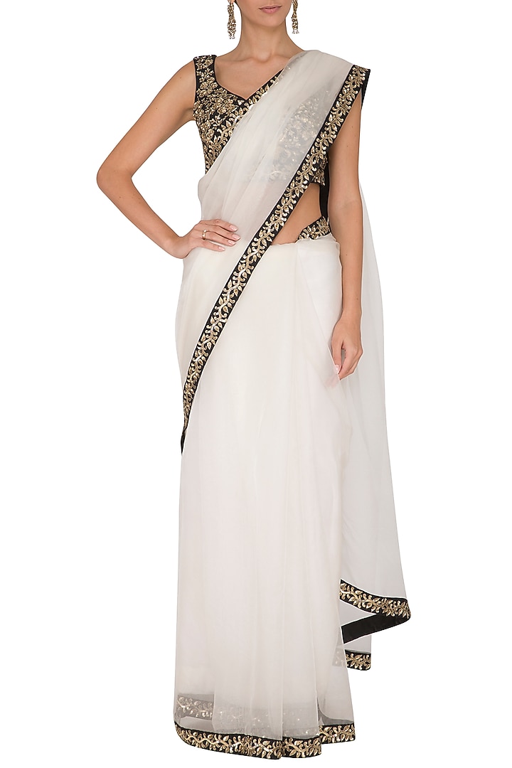 Snow White Silk Organza Embroidered Wedding Saree Set by Ranian at Pernia's Pop Up Shop