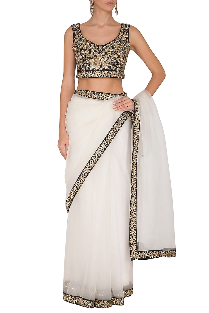 Snow White Silk Organza Embroidered Wedding Saree Set by Ranian at Pernia's Pop Up Shop