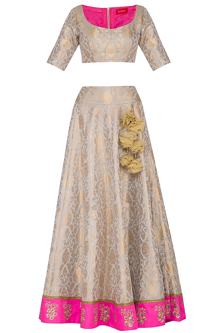 Cloud Grey & Gold Embroidered Lehenga Set by Ranian
