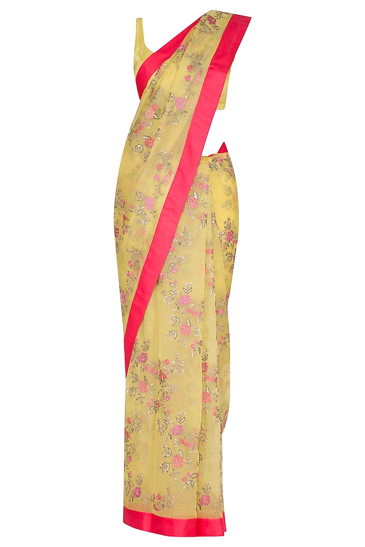 Yellow Silk Organza Floral Embroidered Saree Set by Ranian