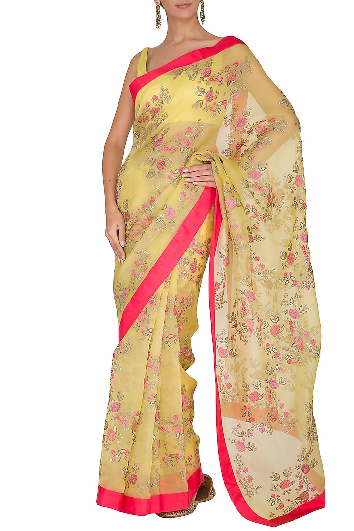 Yellow Silk Organza Floral Embroidered Wedding Saree Set by Ranian at Pernia's Pop Up Shop
