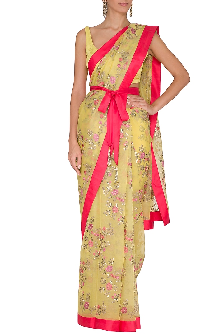 Yellow Silk Organza Floral Embroidered Wedding Saree Set by Ranian at Pernia's Pop Up Shop
