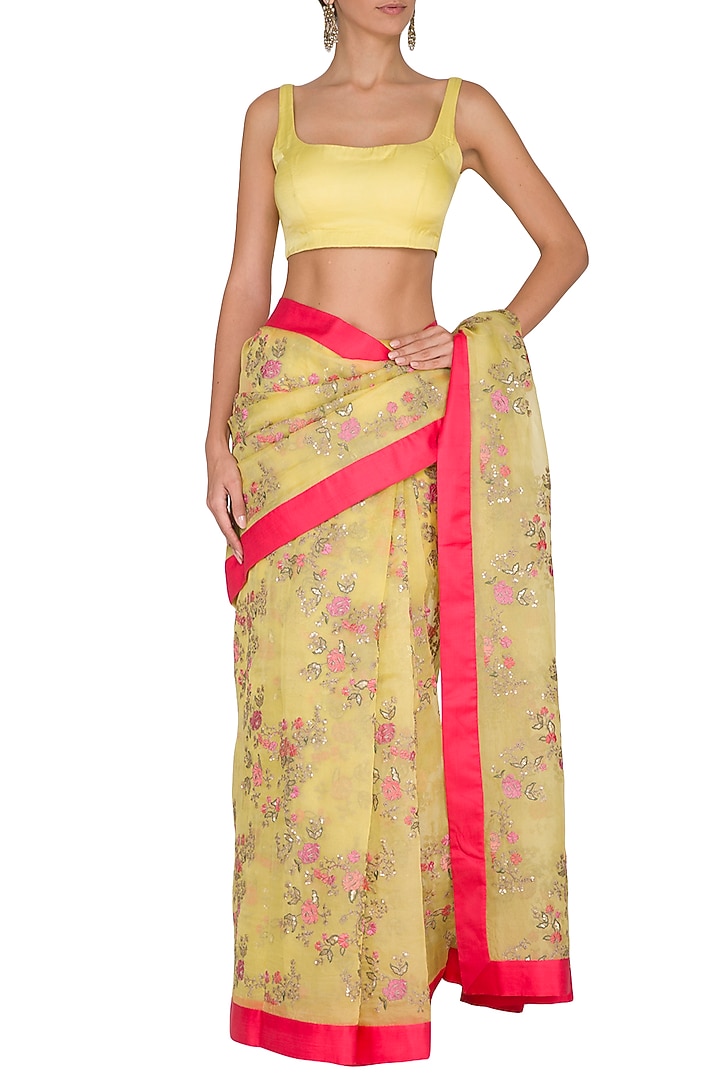Yellow Silk Organza Floral Embroidered Wedding Saree Set by Ranian at Pernia's Pop Up Shop