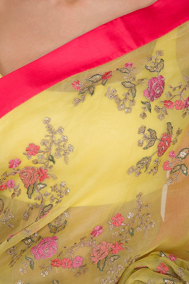 Yellow Silk Organza Floral Embroidered Wedding Saree Set by Ranian at Pernia's Pop Up Shop