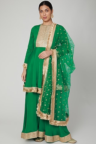 Forrest Green Embroidered Sharara Set by Ranian