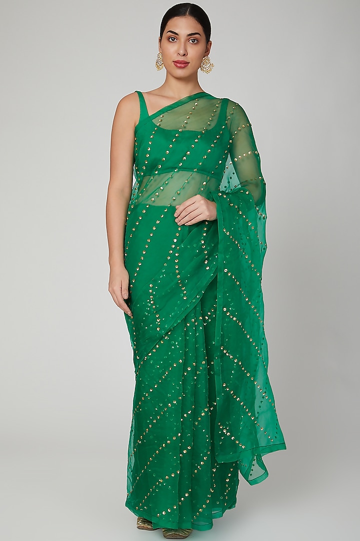 Forest Green Embroidered Saree Set by Ranian