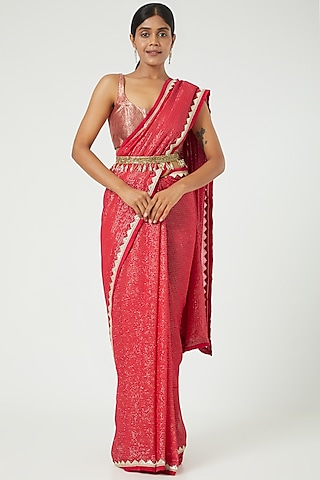 Carmine Red Silk Saree Set by Ranian
