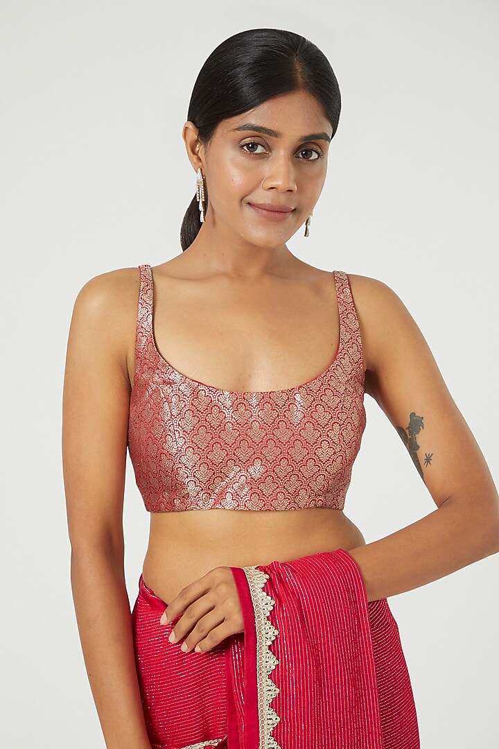Carmine Red Silk Wedding Saree Set by Ranian at Pernia's Pop Up Shop