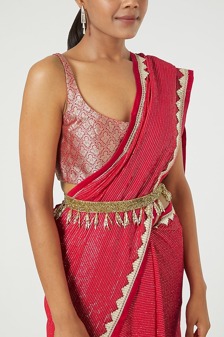 Carmine Red Silk Wedding Saree Set by Ranian at Pernia's Pop Up Shop