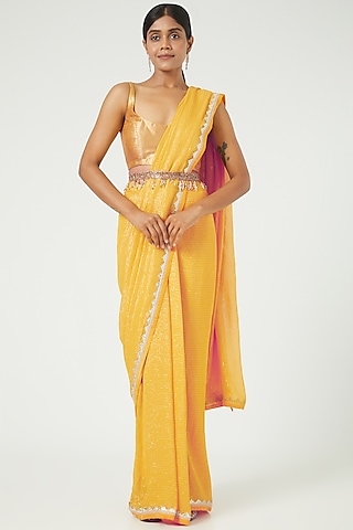 Dandelion Yellow Silk Georgette Gota Work Saree Set by Ranian