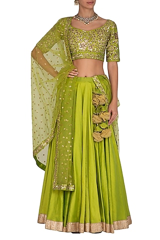 Green Embroidered Lehenga Set by Ranian