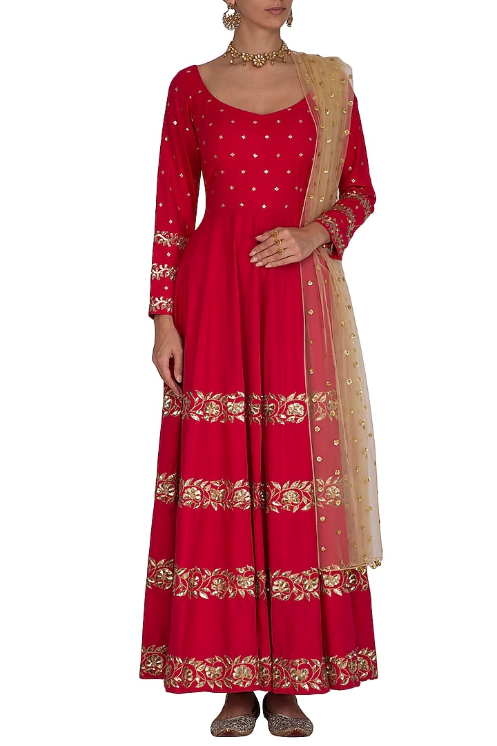 Red Embroidered Wedding Anarkali With Dupatta by Ranian at Pernia's Pop Up Shop
