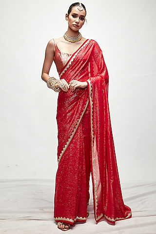 Carmine Red Silk Georgette Metallic Saree Set by Ranian